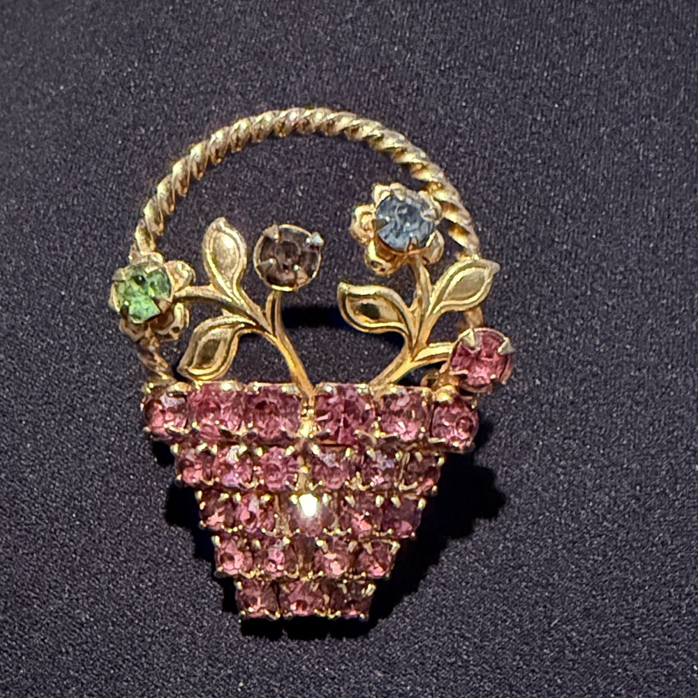 Vintage Pastel Rhinestone Flower Basket Brooch Gold Tone Prong Floral Pin Pink
